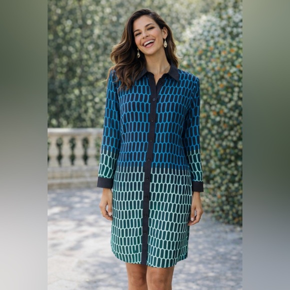 Michael Kors Dresses & Skirts - Michael Kors Shirt Dress L Large Blue Black Long Sleeve Career Church Washable